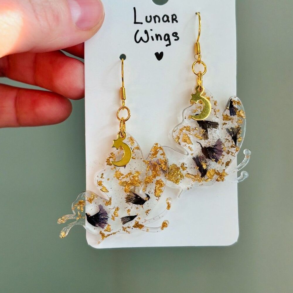 Butterfly Dangle Earrings with Real Flowers, Gold Flakes and Moon Charms